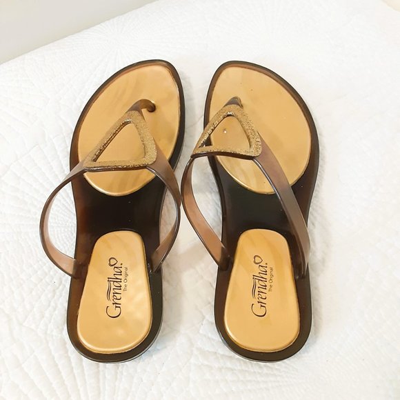 Brown & Gold Thong Sandals Size 8. By Grendha - Picture 4 of 5